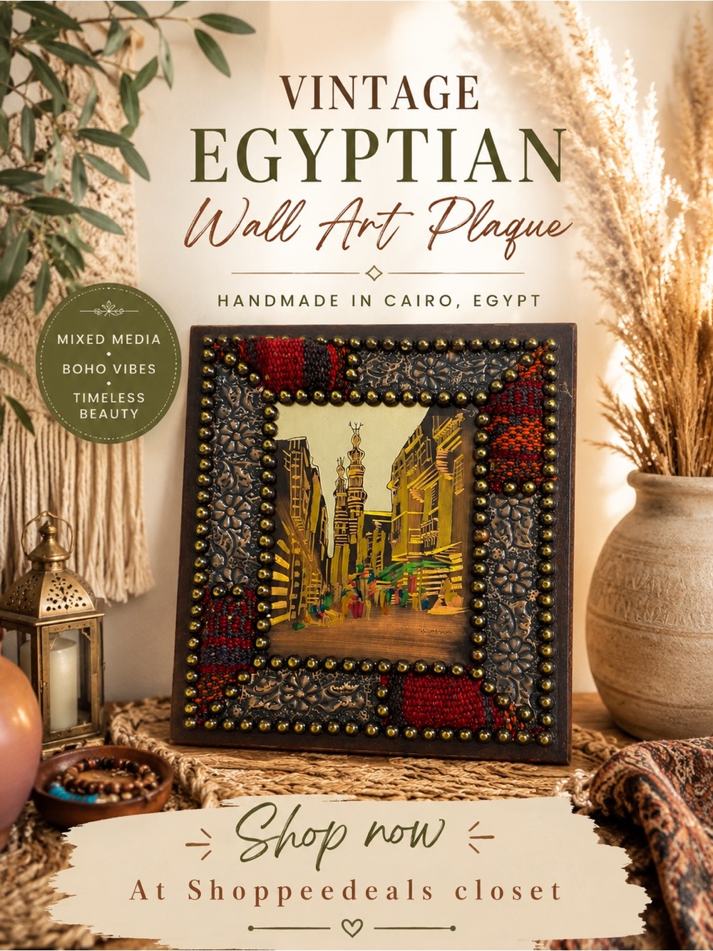 Vintage Handmade Egyptian Mixed Media Wall Art Plaque Cairo Egypt Boho Décor
